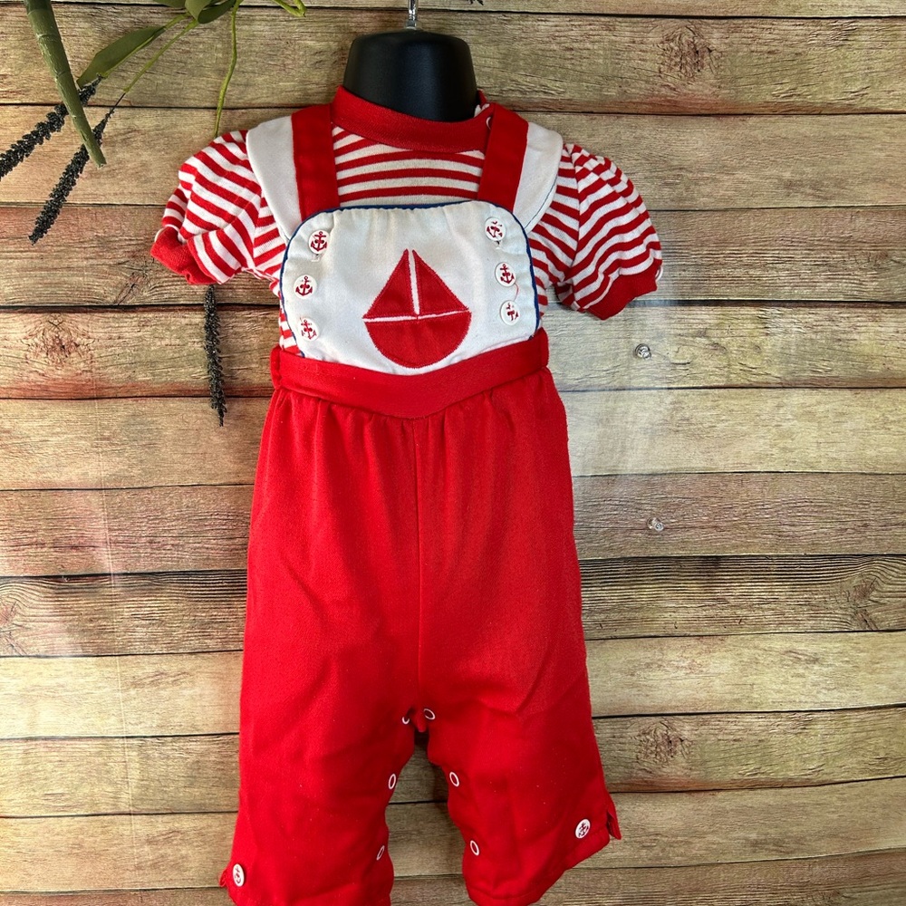 VINTAGE Health-Tex Nautical Jumper Red Sailboat Print Baby Girl Size 6 Months
